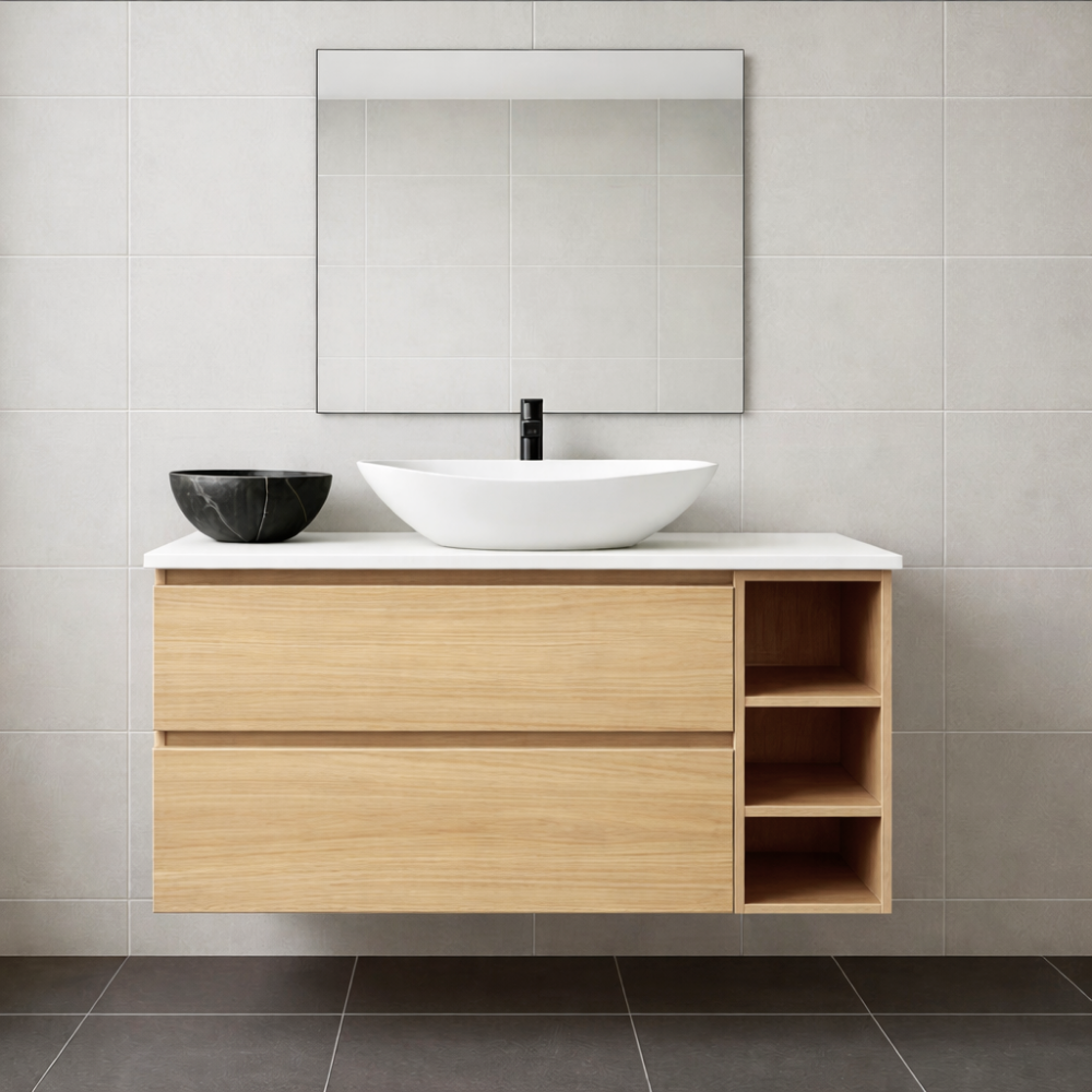 900mm Wall Hung Vanity with 2 Drawers and Open Shelves DL9046 / H321